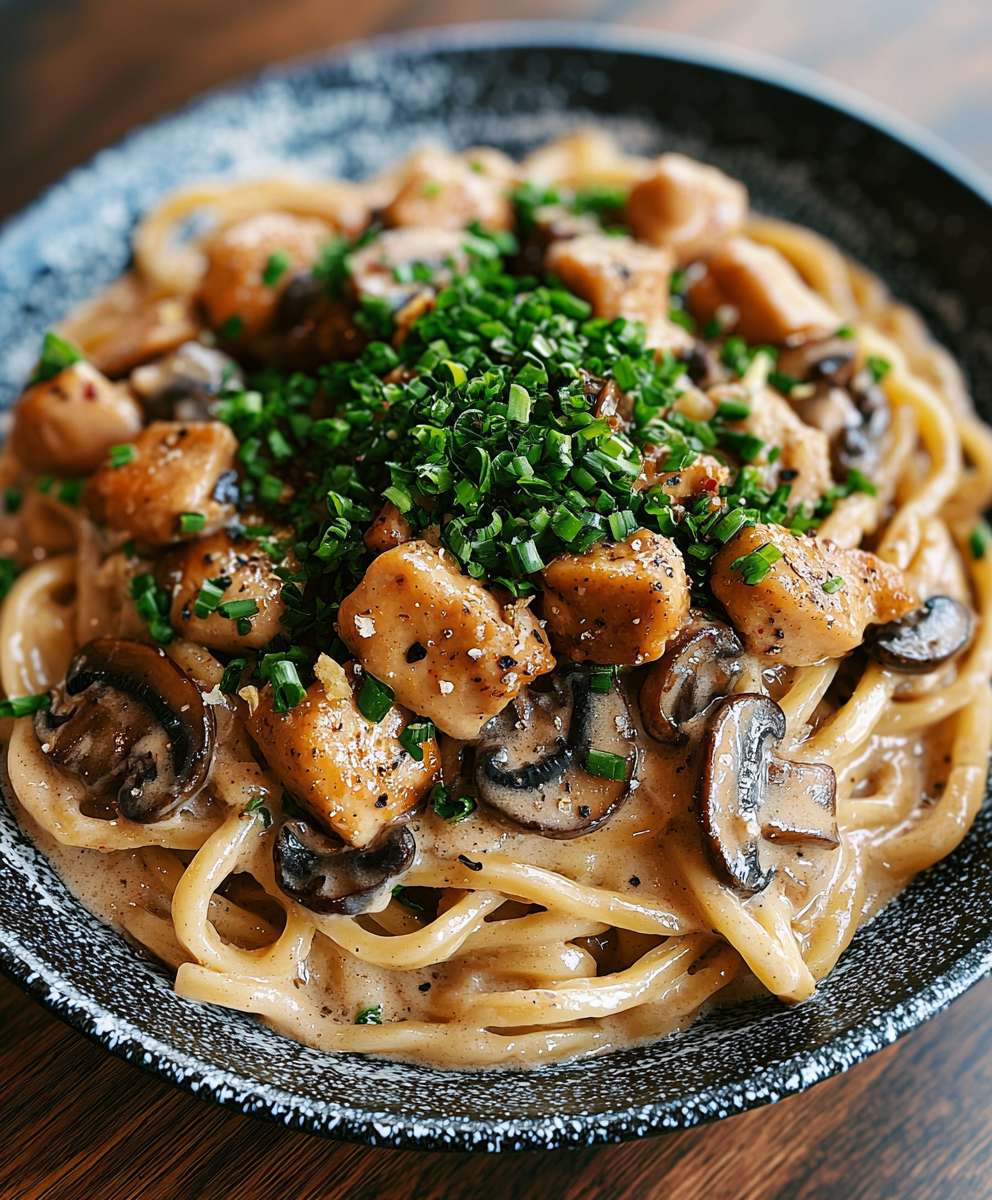 Cremige Pilz-Udon mit Hühnchen