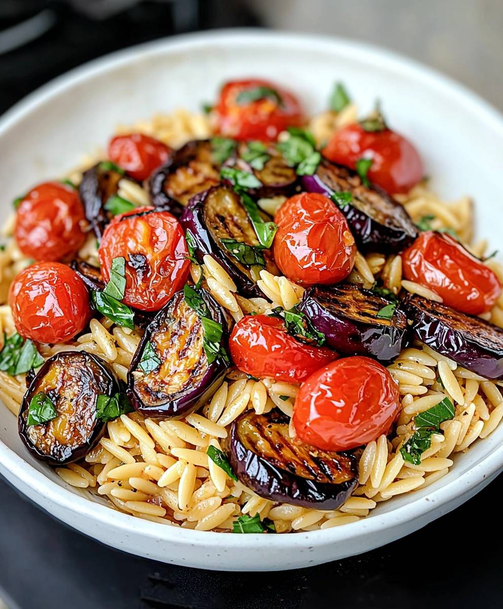 Orzo Nudeln Aubergine Tomaten