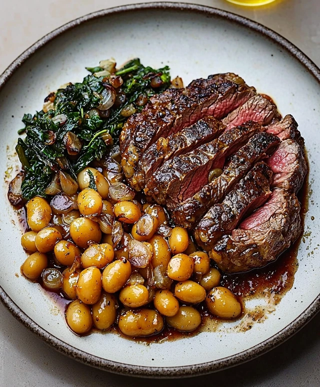 Steak mit Bohnen und Zwiebeln
