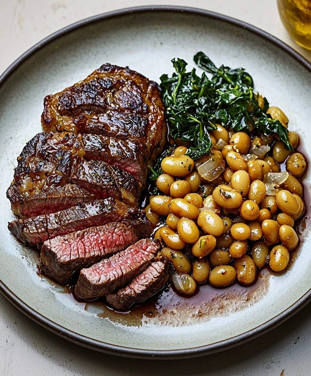 Steak mit Bohnen und Zwiebeln