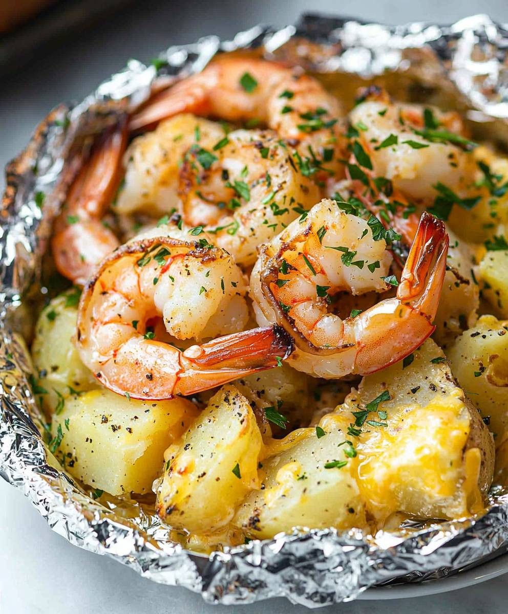 Cremige Knoblauchgarnelen und Käsekartoffeln