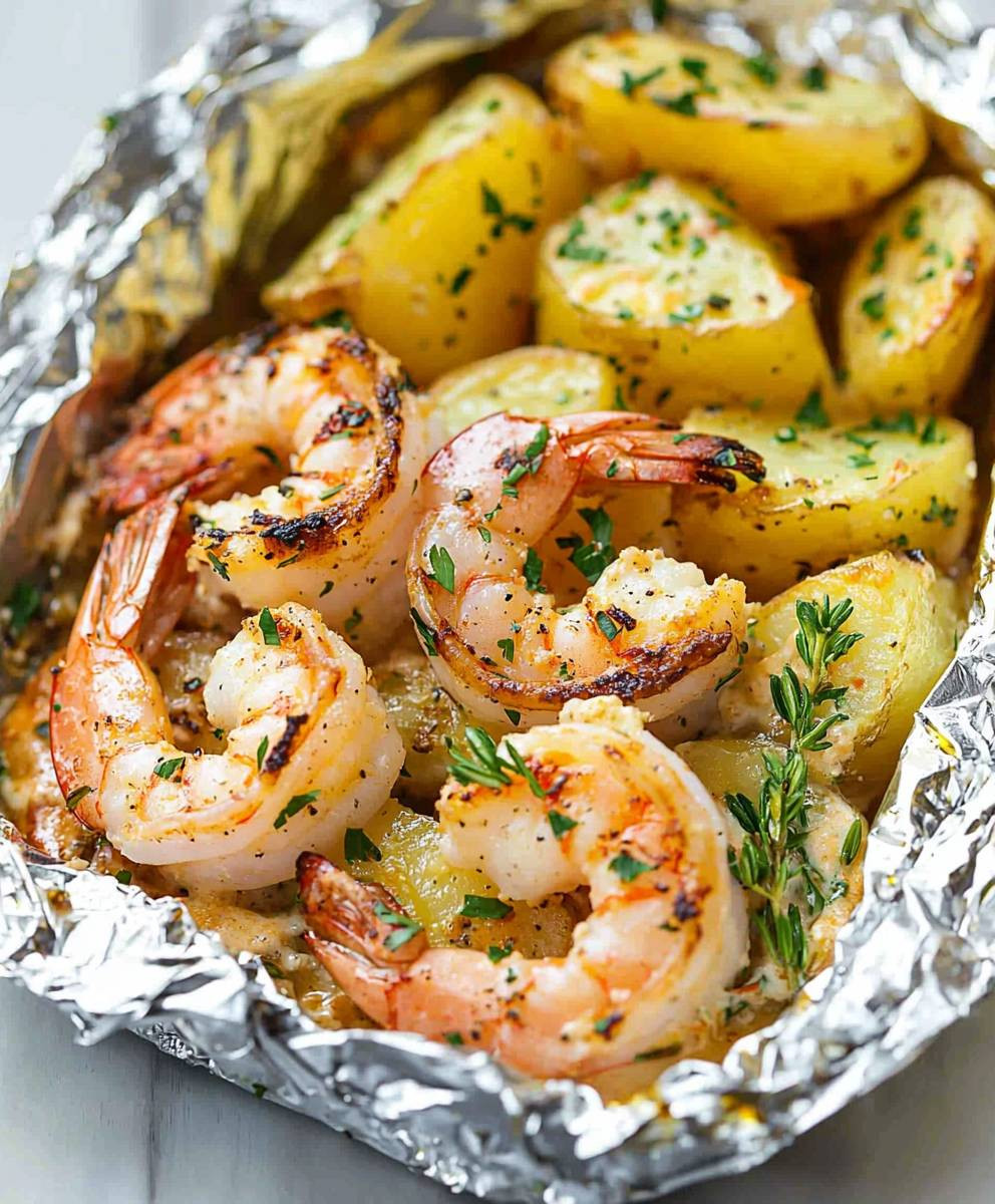 Cremige Knoblauchgarnelen und Käsekartoffeln