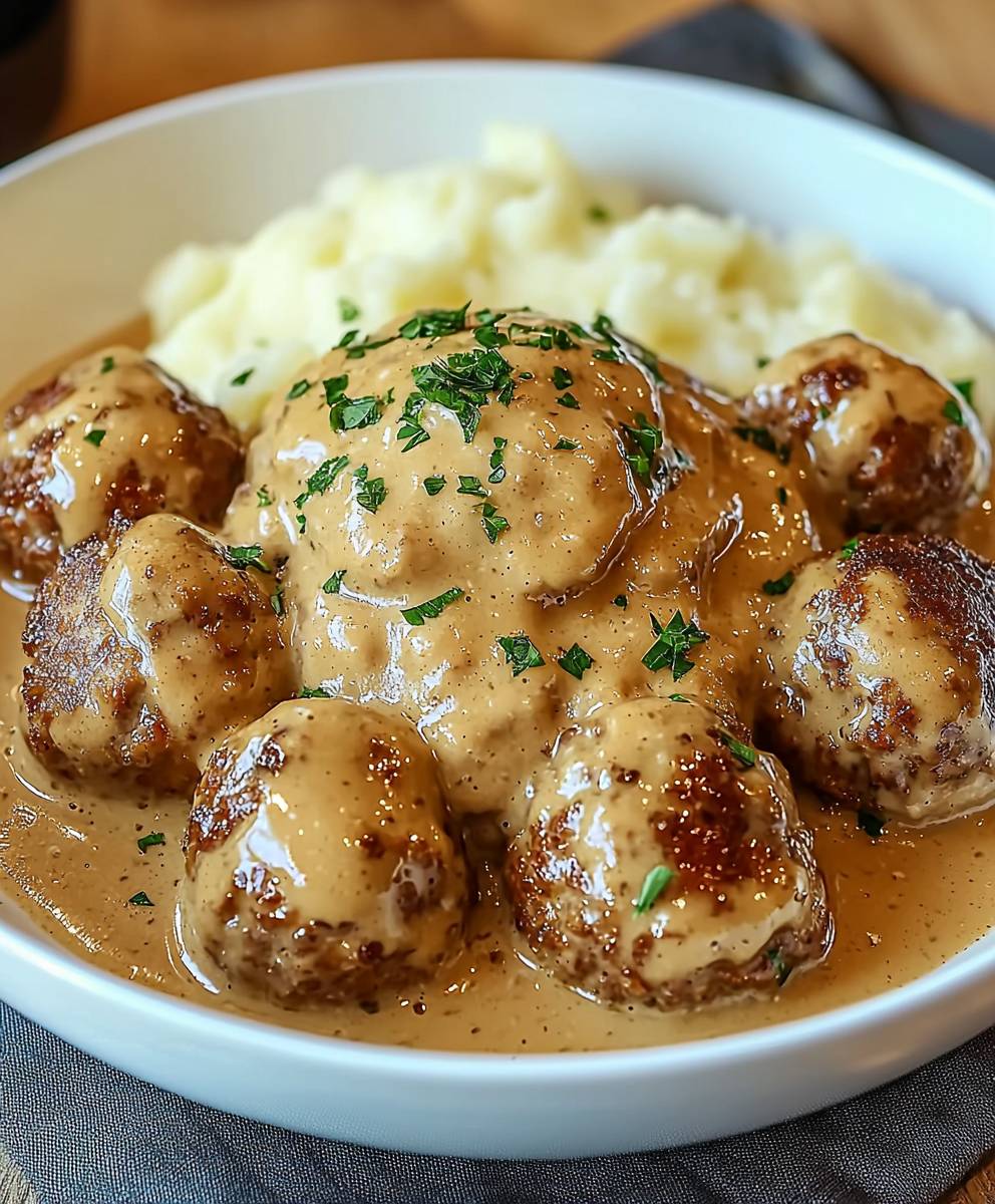 Hackbällchen cremige Sauce Kartoffelpüree