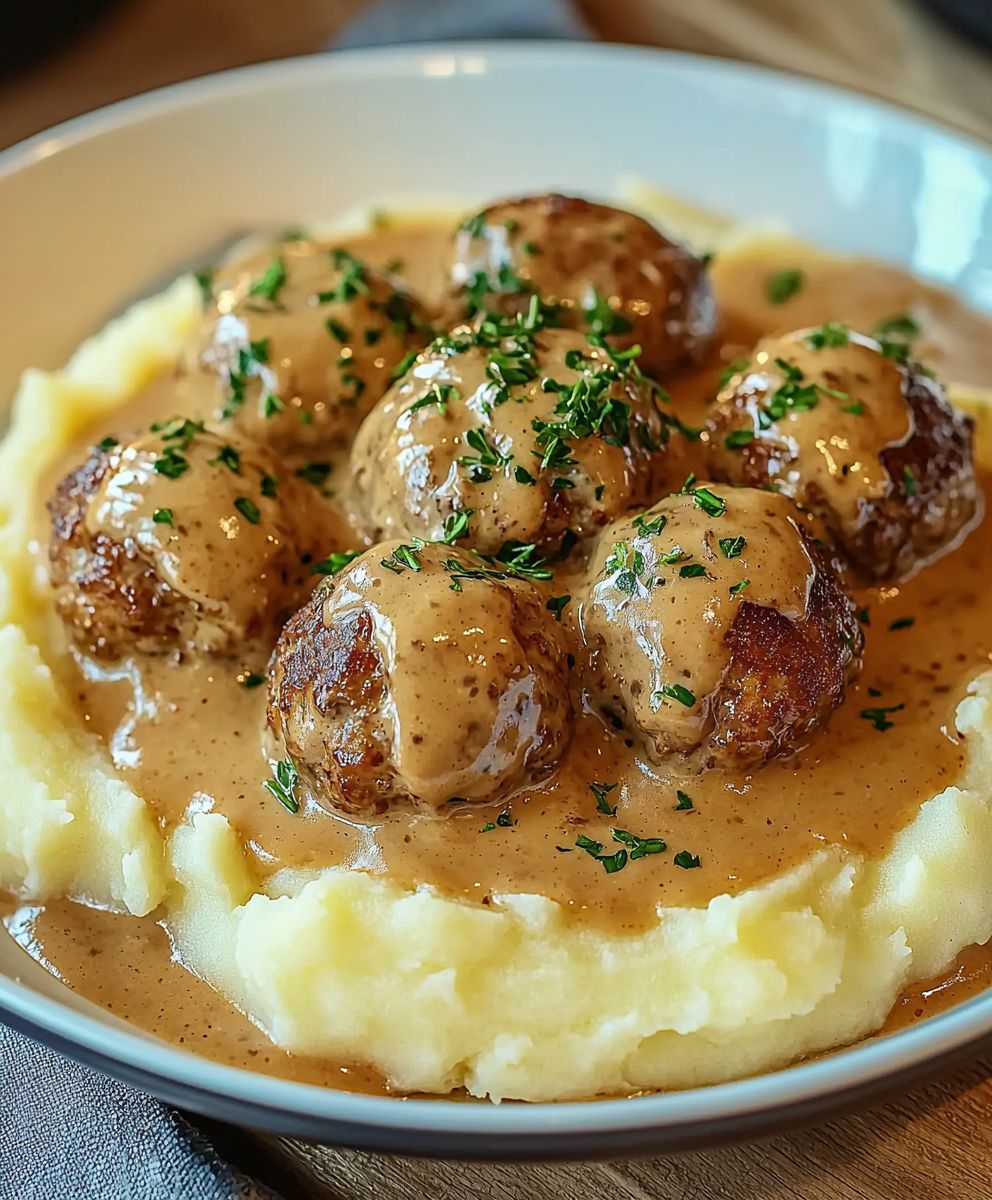 Hackbällchen cremige Sauce Kartoffelpüree