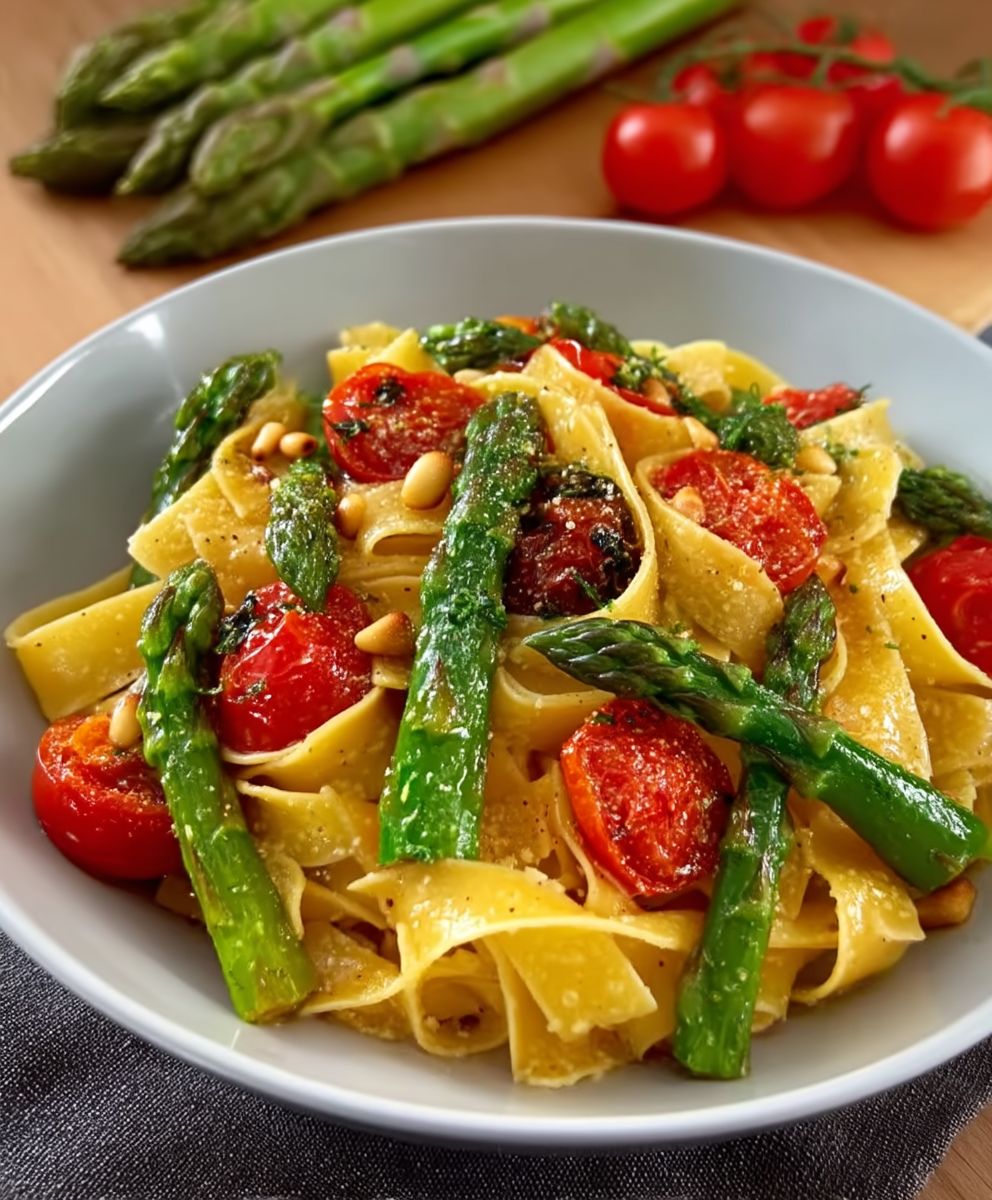 Spargelpasta Kirschtomaten Pinienkerne
