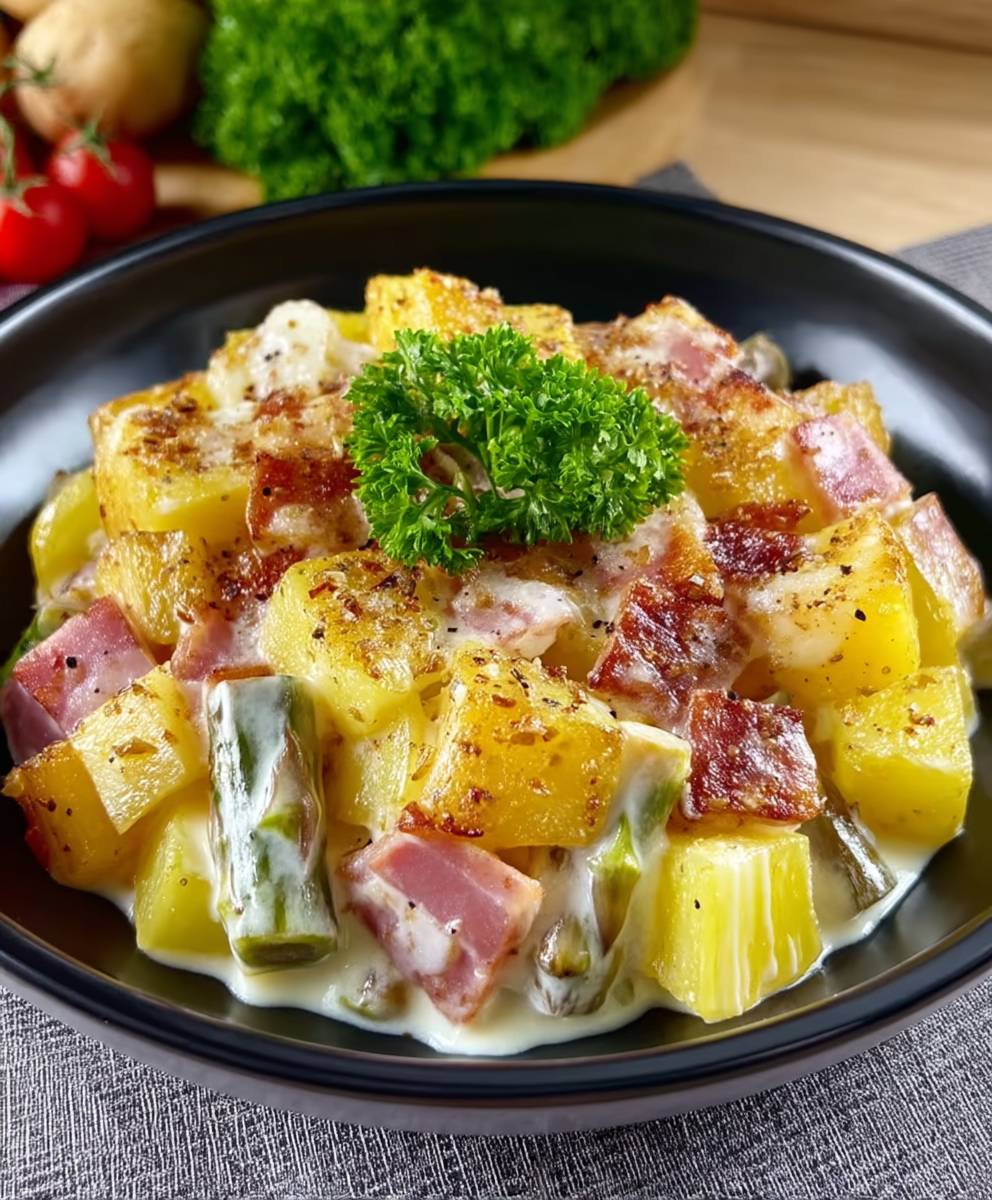Spargelauflauf Kartoffeln Schinken