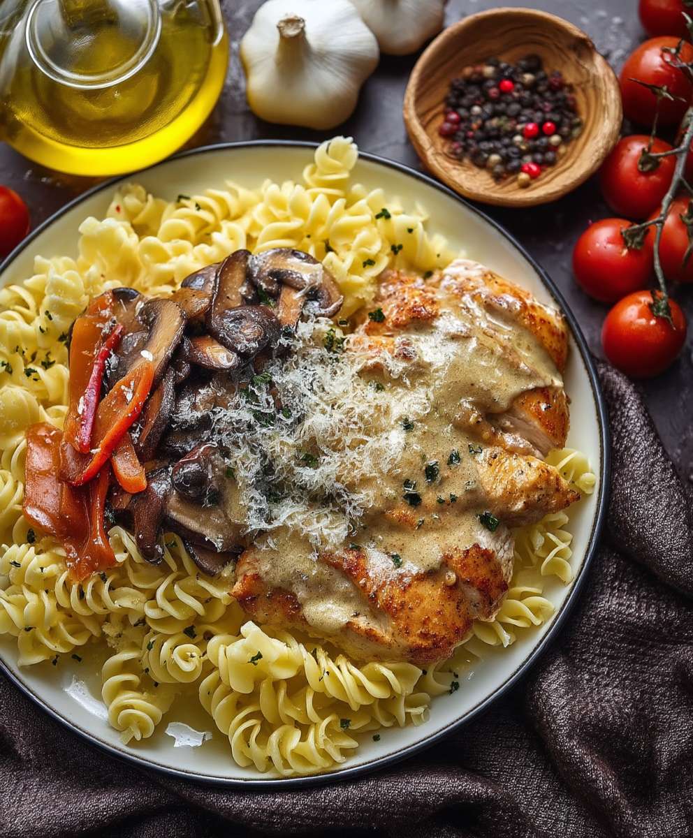 Parmesan Hähnchen Pasta Champignon