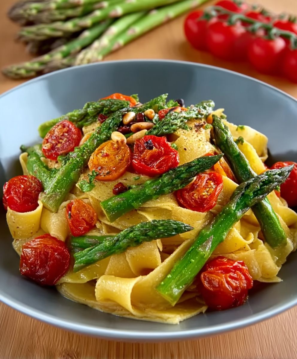 Spargelpasta Kirschtomaten Pinienkerne