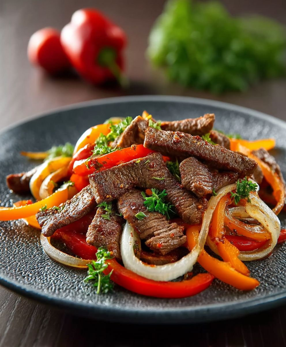 Rindfleisch Streifen Paprika Zwiebel