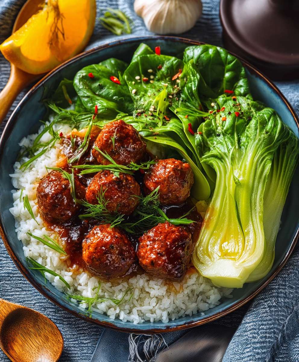Hackbällchen Orangensoße Pak Choi