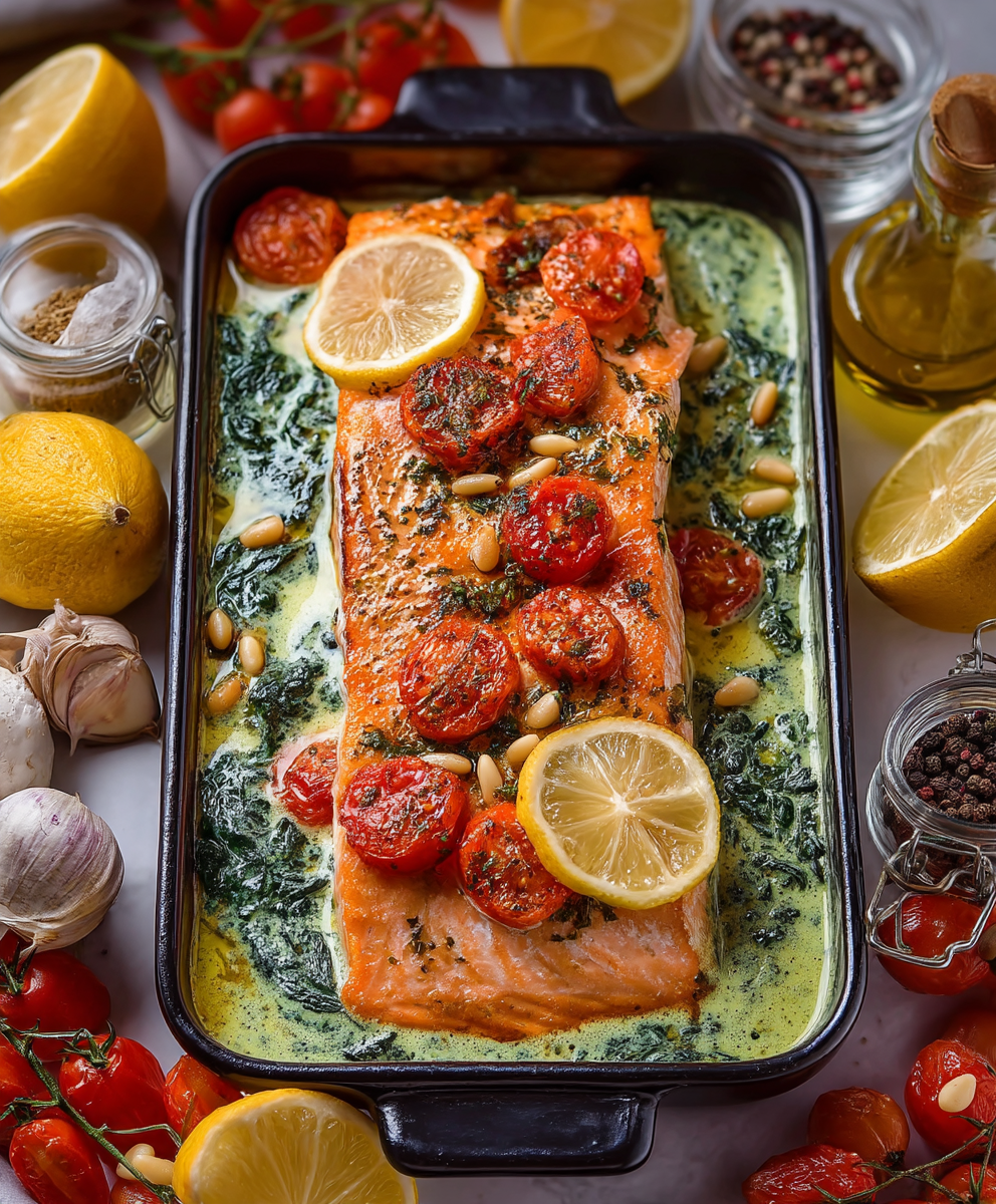 Ofen Lachs Spinat Sahnesoße
