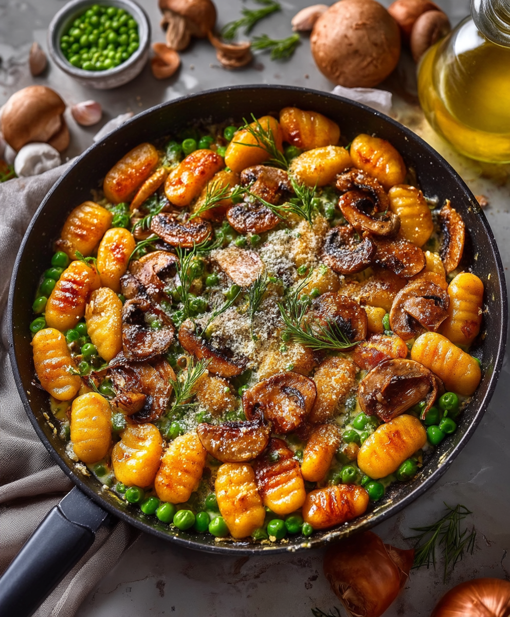 Gnocchi Pfanne Erbsen Pilze